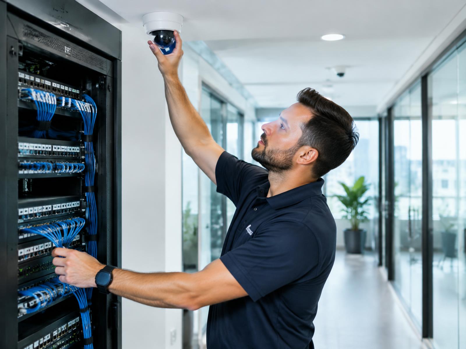 Technicien H-RAW TECH installant une caméra de surveillance et une baie réseau